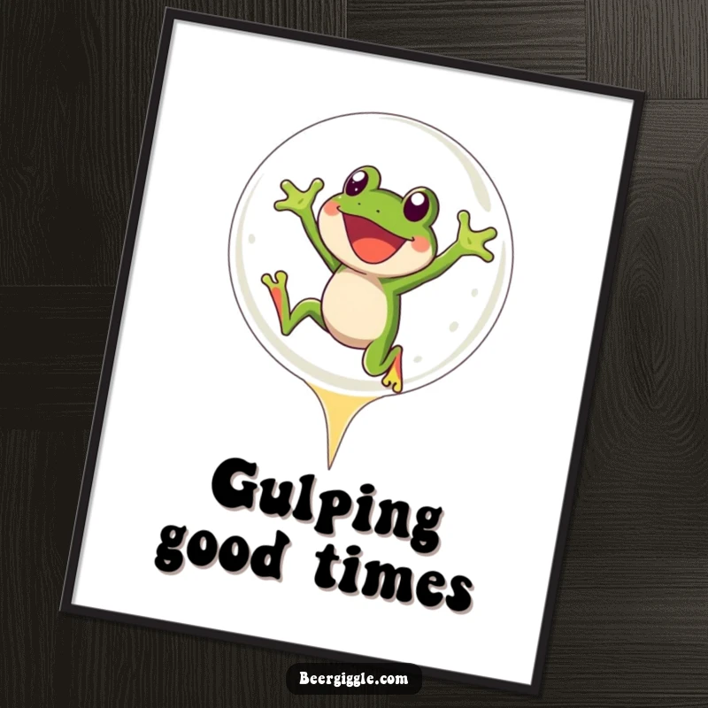 Funny Frog Digital Art Print: A joyful frog character leaping into a beer bubble, conveying pure happiness.
