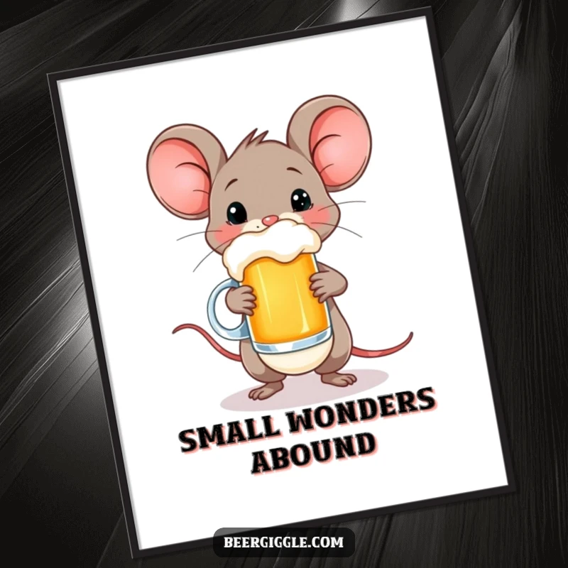 Funny digital art print of a happy mouse character balancing a small beer mug, bringing instant whimsical delight.