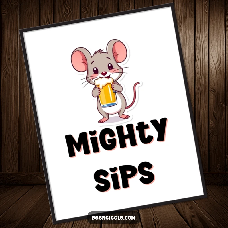 Funny digital art print of a happy mouse character balancing a small beer mug, ready for instant download and humorous display.