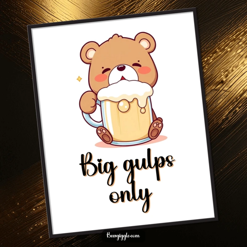 Funny Kawaii Bear Digital Art Print: Charming bear character gulps a frothing mug; printable art for instant humor.