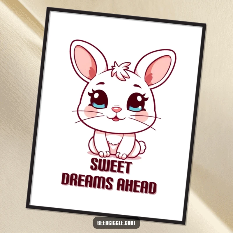 Funny Kawaii Bunny Digital Art Print: Charming bunny character winks holding a full mug; printable art for instant humor.