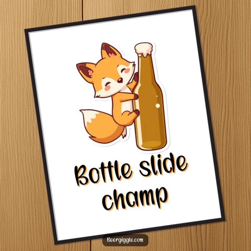 Funny Kawaii Fox Digital Art Print: Charming fox character slides down a beer bottle; printable art for instant humor.