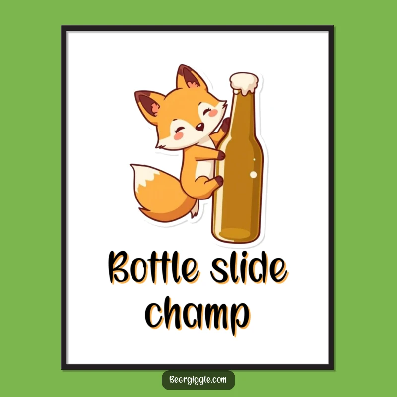 Funny Kawaii Fox Digital Art: Printable Fox Sliding Beer Bottle, Instant Gift