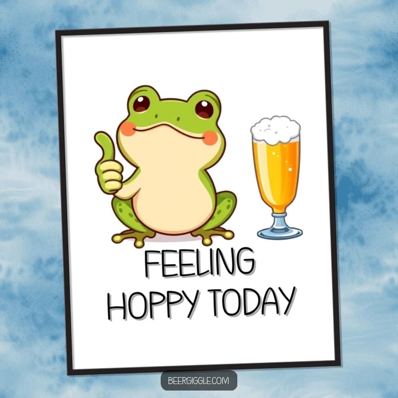 Funny Kawaii Frog Thumbs Up Digital Art: A cheerful frog giving a thumbs up next to a beer glass. Instant downloadable humor for a happy atmosphere.