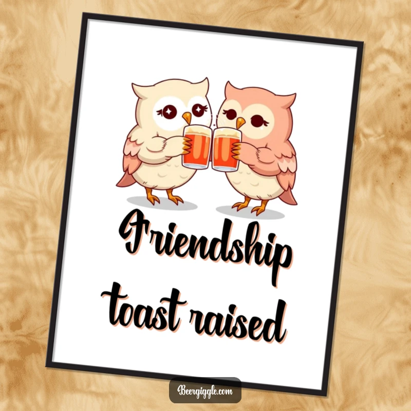 Funny kawaii owl mugs digital art print with twinkling owls clinking, perfect for instant friendship-themed decor.