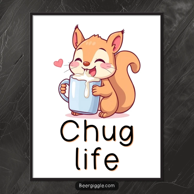 Funny Kawaii Squirrel Chugging Digital Art: A playful squirrel drinking from a small mug. Instant downloadable humor for a cheerful atmosphere.