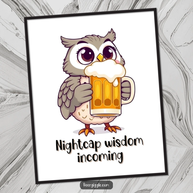 Funny owl with wide, delighted eyes holding a beer stein, available as a digital art print for humorous, wise decor.