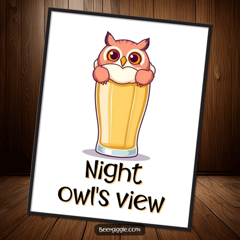Funny Owl Beer Digital Art: A playful owl peers over a large beer glass, perfect for hilarious digital display.