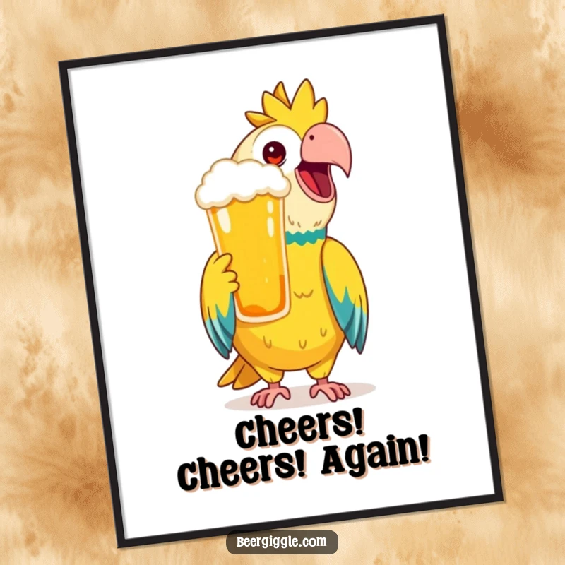 Funny Digital Art Print of a happy parrot mimicking a toast with a frothy beer, capturing a moment of pure celebration.