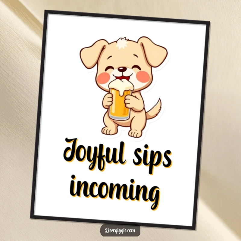 Funny puppy wagging its tail excitedly while holding a small beer, available as a digital art print for humorous, joyful decor.
