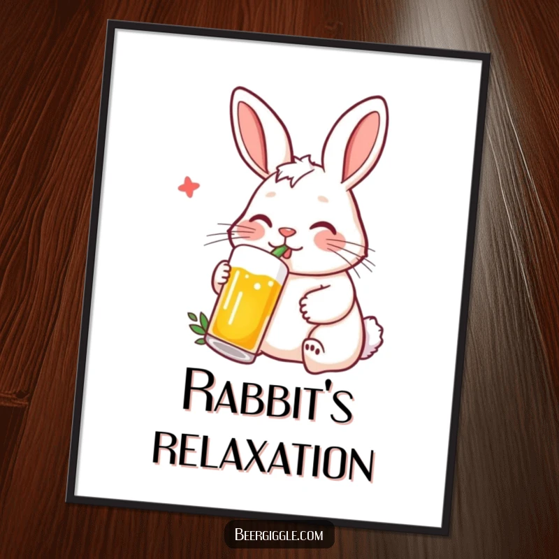 Funny Rabbit Digital Art Print: A contented rabbit character sipping beer with a straw, relaxed and funny.