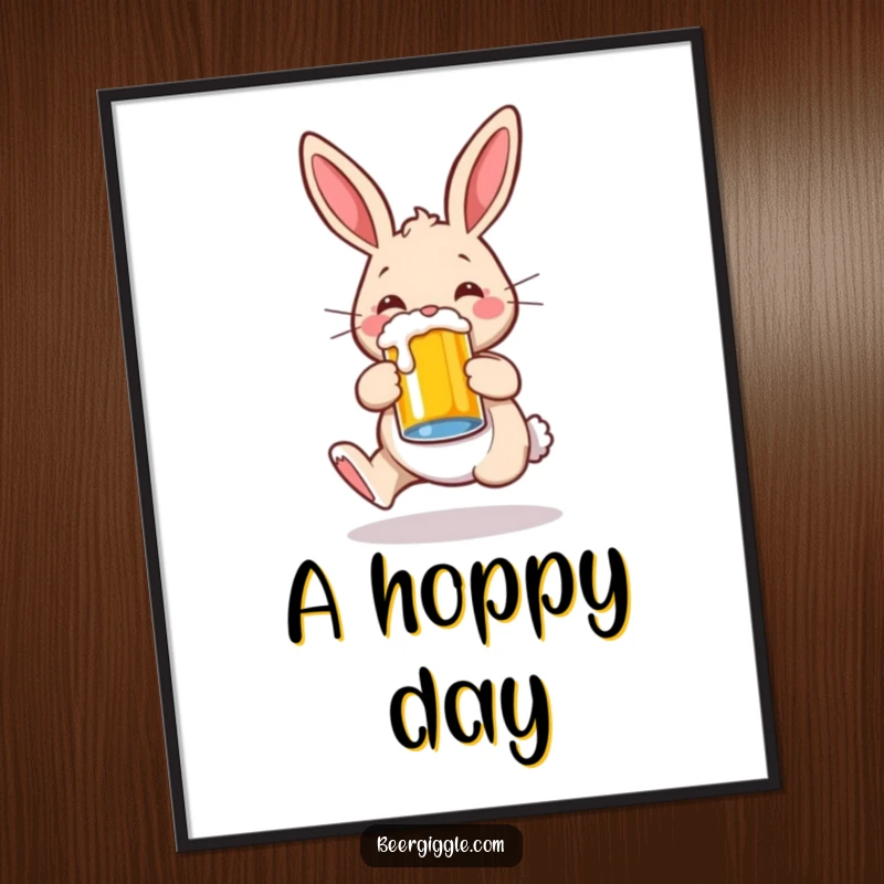 Funny rabbit character joyfully hopping with a beer mug, digital art file, perfect for printing and wall decoration.