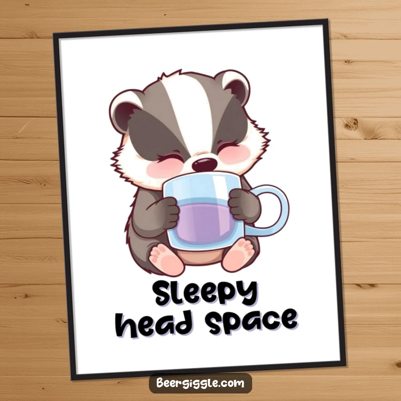 Funny Badger Digital Art Print: A sleepy badger character nodding off with a half-empty beer mug, peaceful and funny.