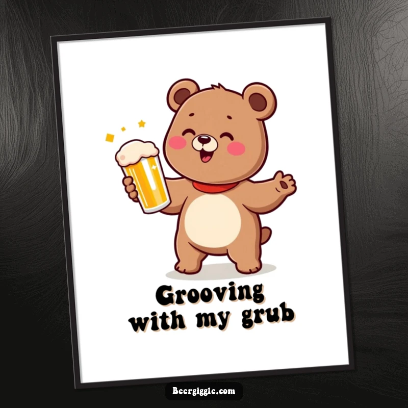 Funny bear digital art print of a cute character doing a happy dance while holding a beer.