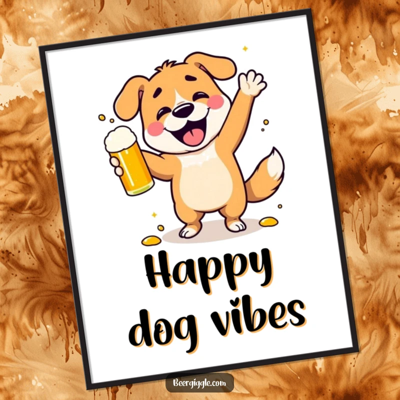 Funny dancing dog digital art print of a character spilling beer while celebrating, perfect for instant, vibrant, humorous decor.
