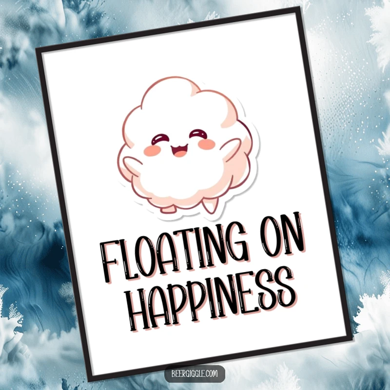 Funny kawaii foamy character giggling while floating upwards as a digital art print, ready to download. Whimsical decor.