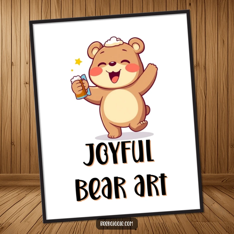 Funny bear beer dance digital art print, showing a bear in a joyful dance pose with a beer, ready to uplift any room.