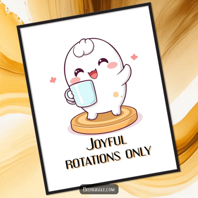 Funny kawaii coaster character spinning joyfully in a digital art print, offering a burst of happiness and cute, whimsical decor.