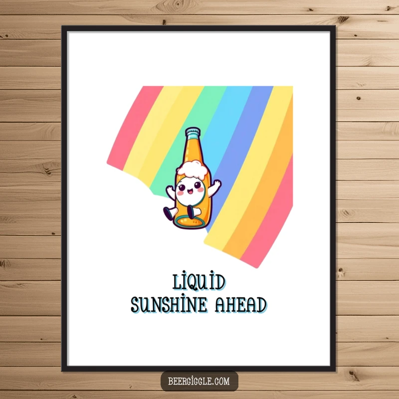 Funny kawaii beer bottle character sliding down a rainbow in a digital art print, creating a cheerful and whimsical piece of decor.