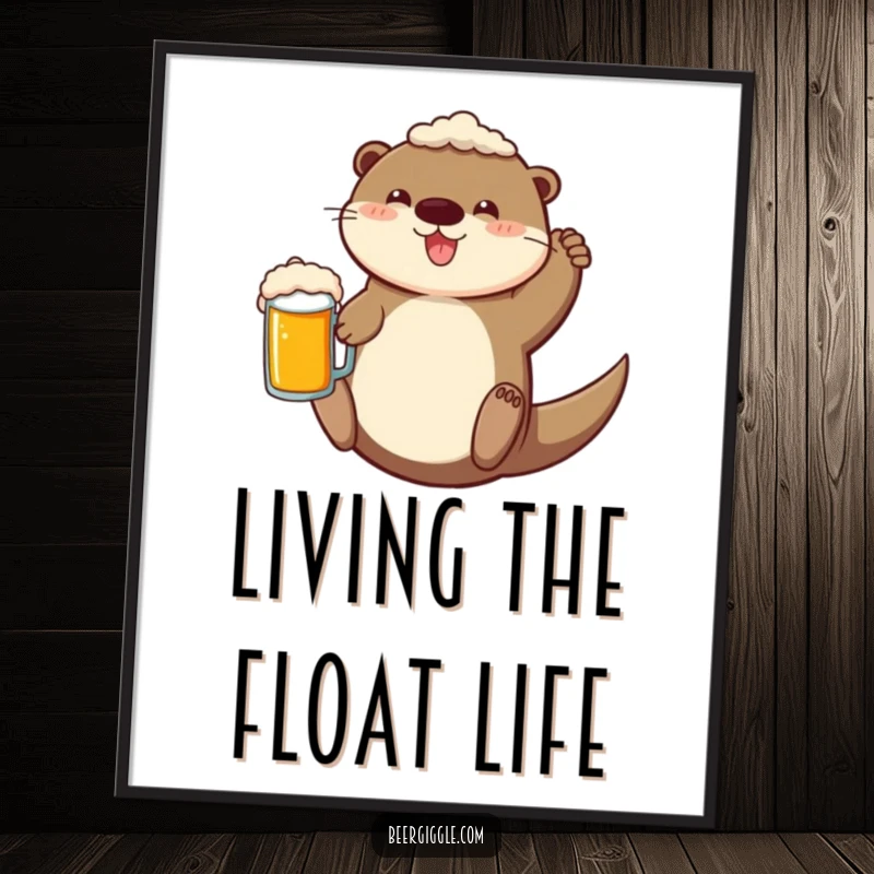 Funny Digital Art Print of a cheerful otter floating on its back with a beer mug, radiating pure joy.