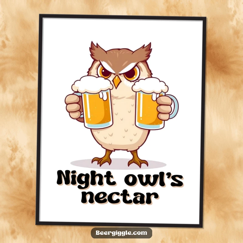 Funny Owl Digital Art Print: A determined owl character focused on balancing two beer mugs, humorous and artistic.