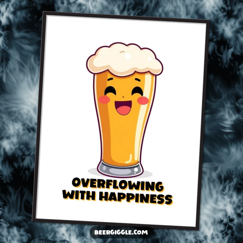 Funny pint glass digital art, delighted, overflowing with frothy beer, printable wall art, humorous graphic download.