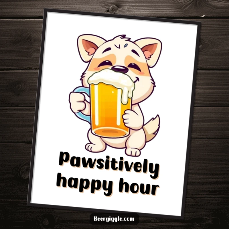 Funny dog digital art print of a happy character gleefully chugging from a beer mug.