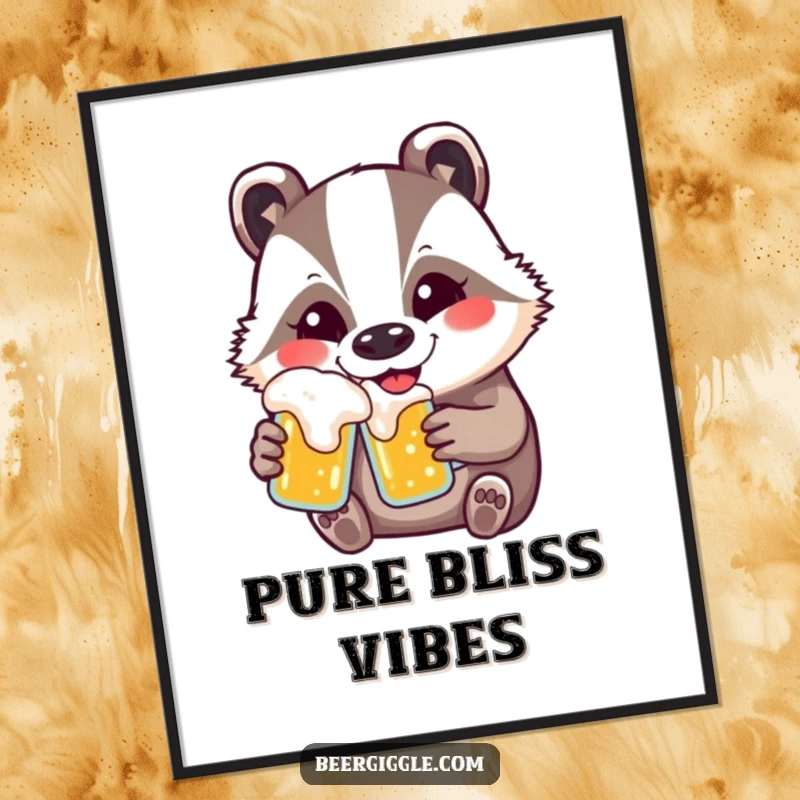Funny kawaii badger beer digital art print featuring a contented smiling badger enjoying a drink, ready to download.