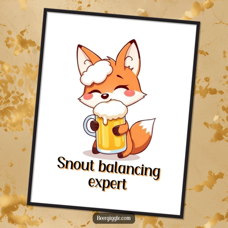 Funny fox giggling while balancing a beer mug on its snout, available as a digital art print for humorous, playful decor.