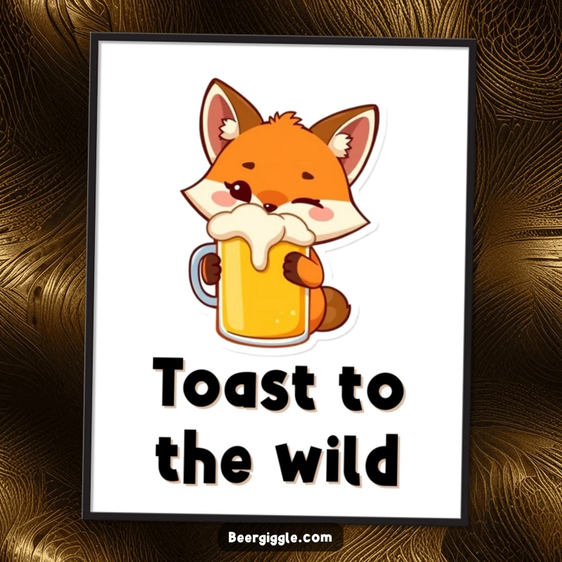 Funny fox digital art print of a playful character winking while toasting a beer mug.