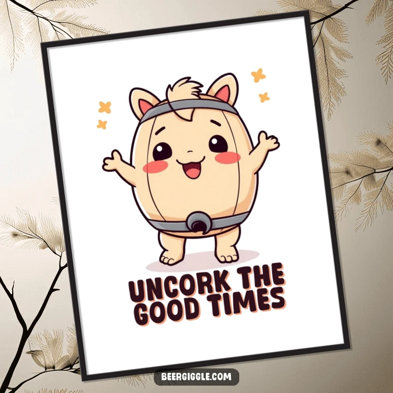 Funny digital art print of a cartoon keg doing a celebratory dance, ideal for immediate download and wall decoration.