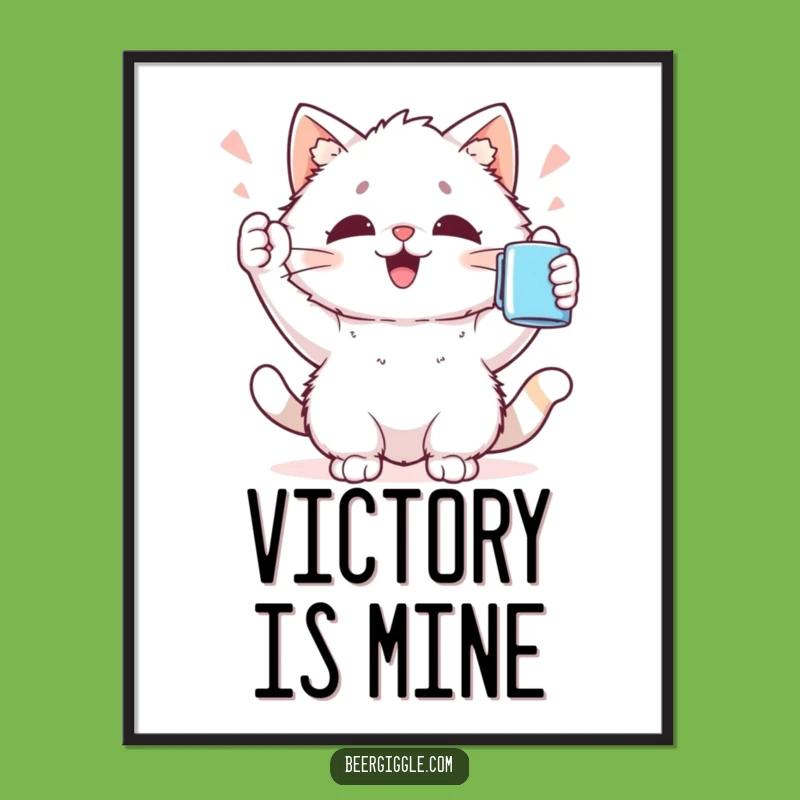 Funny Kawaii Cat Digital Art: Printable Cat Cheering Mug, Instant Gift