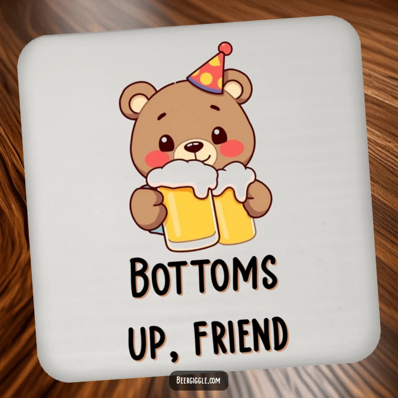 Funny bear enjoying beer, depicted on a coaster, adding a touch of hilarious protection to any beverage surface.