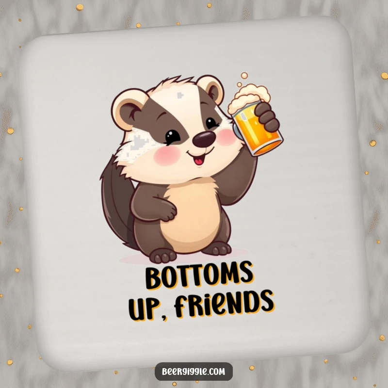 Funny Coaster featuring a satisfied badger character holding a beer stein, protecting surfaces with a touch of humor.