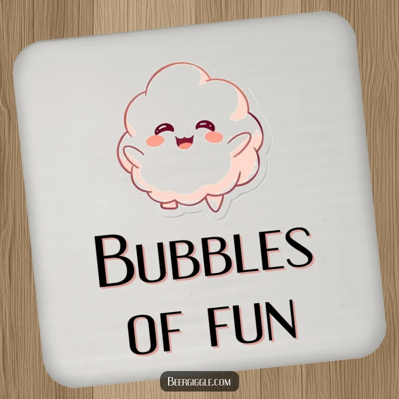Funny kawaii foamy character giggling while floating upwards on a drink coaster, practical and whimsical. Cute gift.