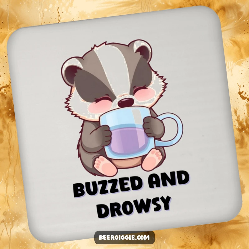 Funny Badger Coaster: A sleepy badger character nodding off with a half-empty beer mug, a funny accessory.