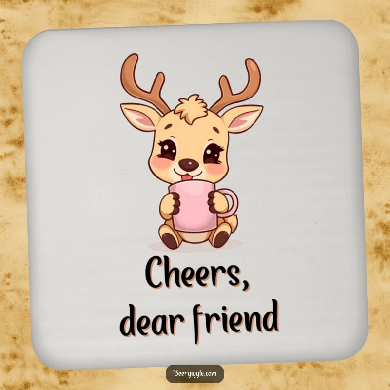 Funny deer character smiling with an antler mug, set of coasters, adding humor and style to tabletops.