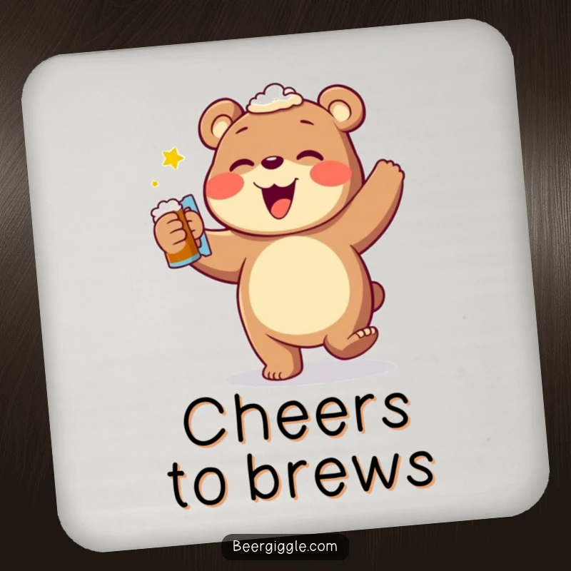 Funny bear beer dance coaster, featuring a happy bear celebrating with a beer mug, protecting surfaces with humor.