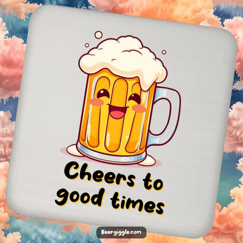 Funny kawaii beer mug overflowing with a cheerful grin on a drink coaster, protecting surfaces with humor. Cute gift.