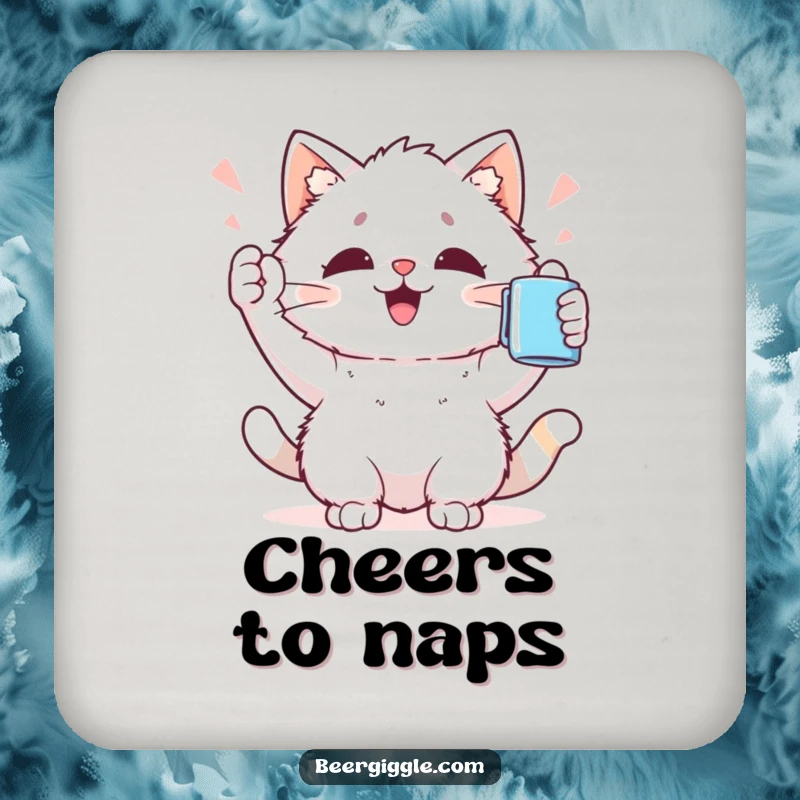 Funny Kawaii Cat Coaster: Cute cat character cheers holding a mug aloft, adding humorous protection to drink surfaces.