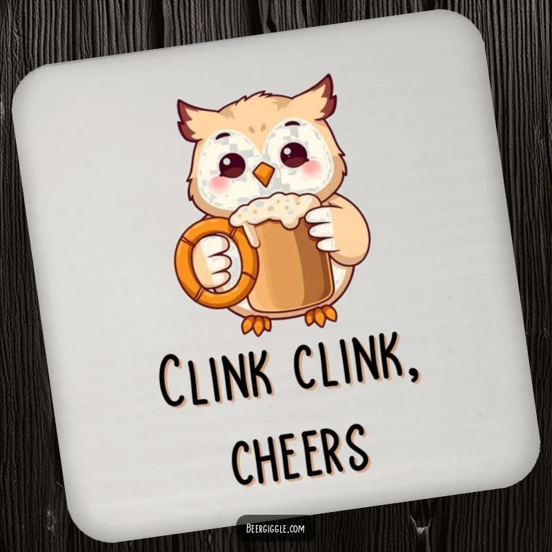 Funny Kawaii Owl Coaster: Cute owl character clinks a pretzel mug, adding humorous protection to drink surfaces.