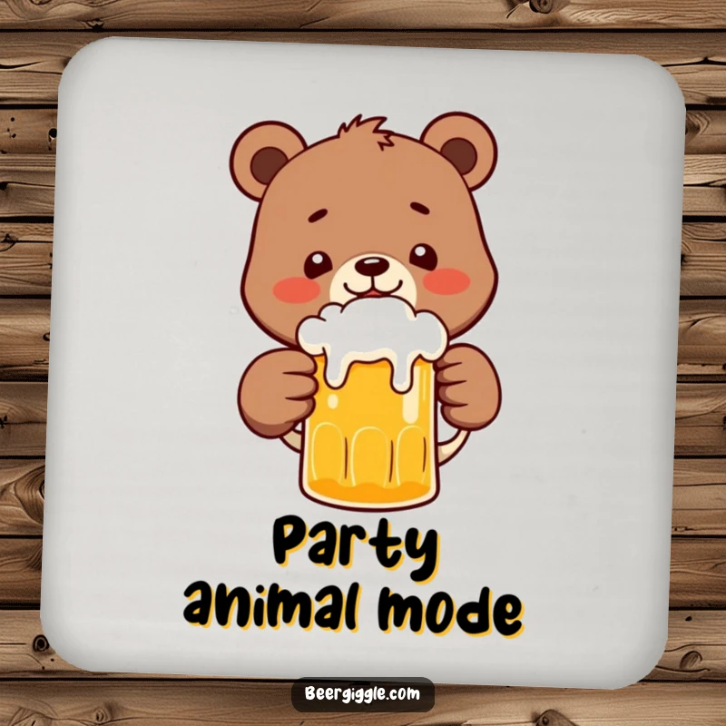 Funny Bear Coaster: A happy bear character clinking a frothy beer mug, protecting surfaces with humor.