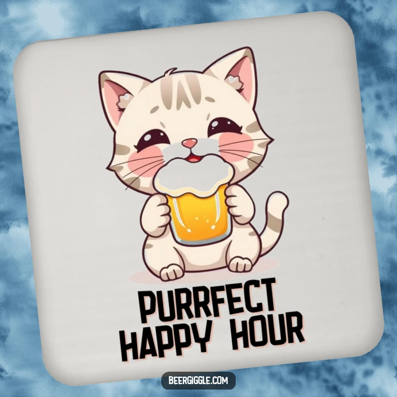 Funny Cat Coaster: A playful cat character enjoying a frothy beer, adding humor and protecting surfaces.