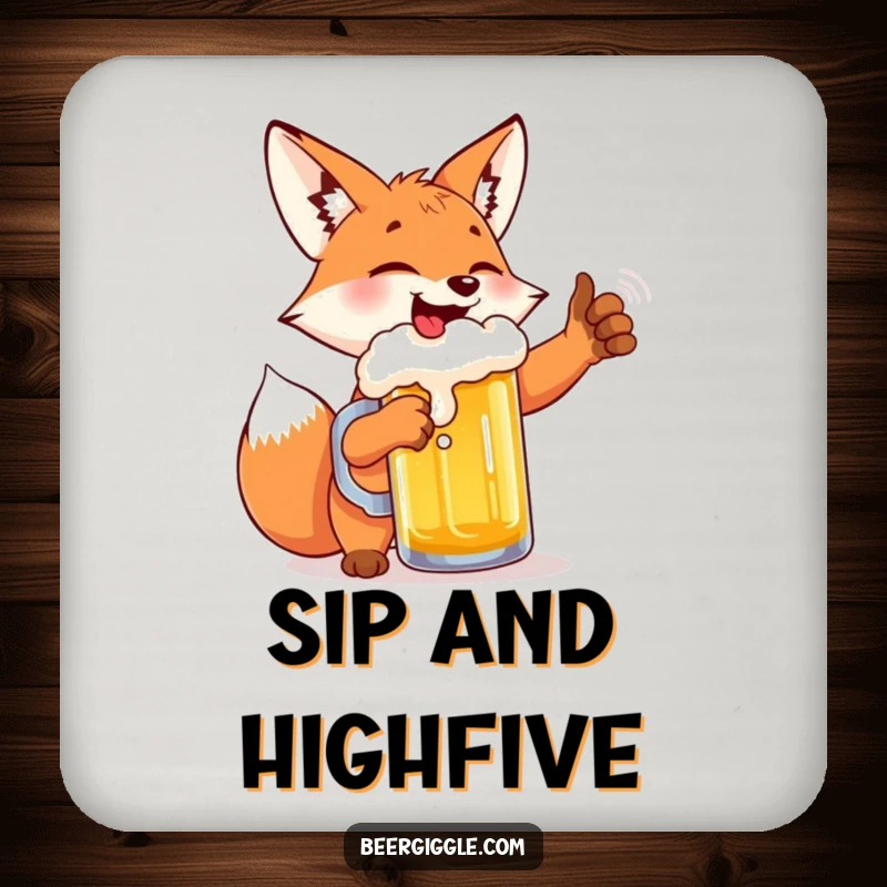 Funny fox beer high-five coaster, showing a gleeful fox toasting a beer mug, protecting surfaces with humor and charm.