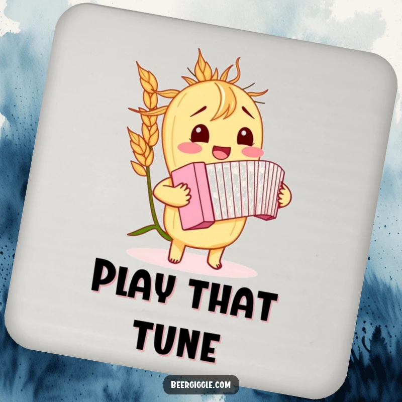 Funny barley stalk coasters, giggling, playing a miniature accordion, drink accessories, barware, humorous table protection.