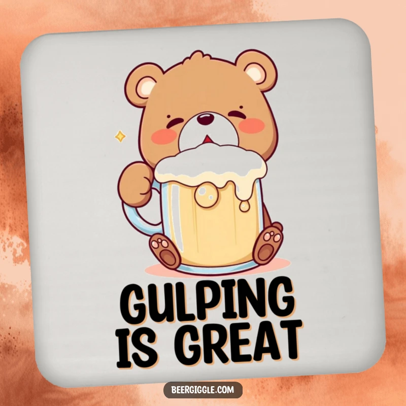Funny Kawaii Bear Coaster: Cute bear character gulps a frothing mug, adding humorous protection to drink surfaces.