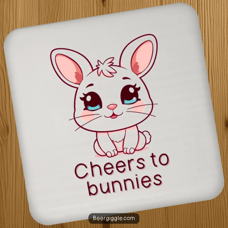 Funny Kawaii Bunny Coaster: Cute bunny character winks holding a full mug, adding humorous protection to drink surfaces.