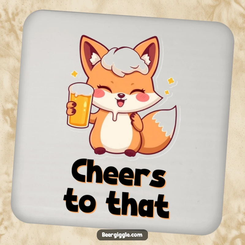 Funny kawaii fox winking with a beer, featured on coasters to add humorous protection to surfaces.