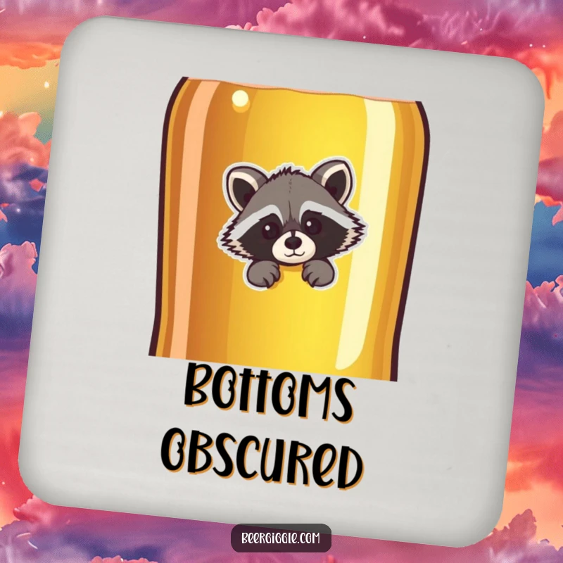 Funny raccoon character peeking behind a giant beer bottle, set of coasters, adding humor and style to tabletops.