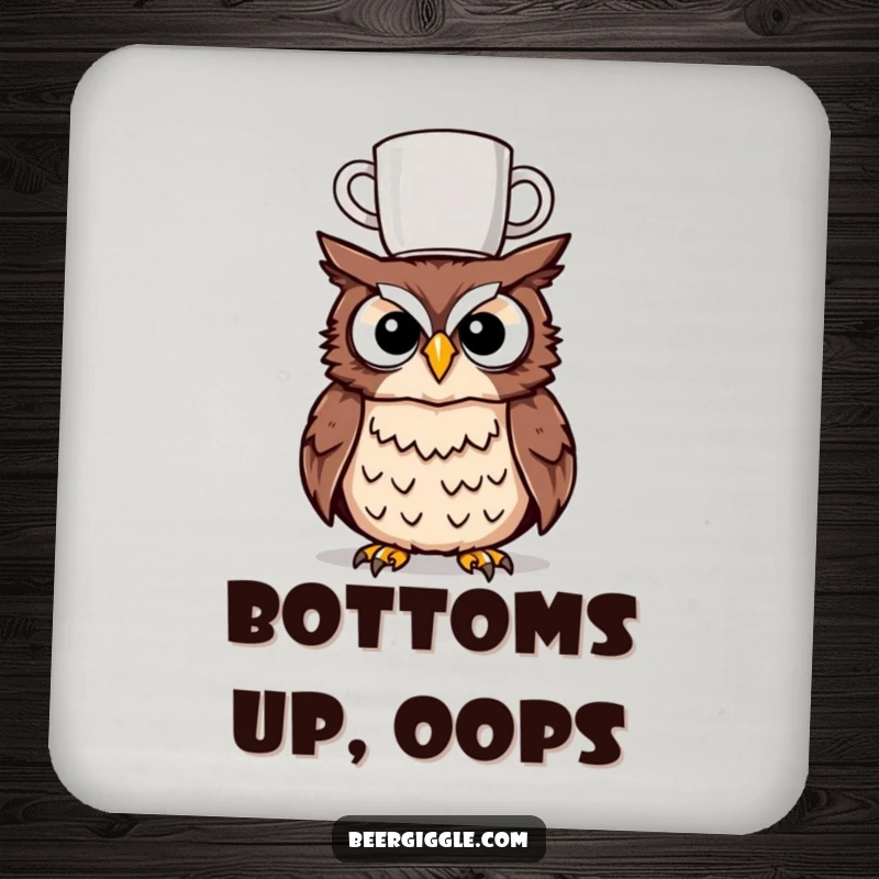Funny tipsy owl coaster, a character balancing a mug on its head, protecting surfaces with humorous charm.